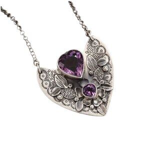Heart Pendant Necklace With Violet Glass Gemstones & Intricate Floral Detailing